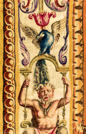 Schloss Bruchsal - Hauptbau / Corps de Logis - Von innen - Beletage - Jagdzimmer - Nördliche Wand, Westseite - Ausschnitt aus der Bordüre (links, unten) der Tapisserie "Musikanten" aus der "Groteskenserie" (Inv.Nr. G 104; Höhe x Breite: 335 cm x 205 cm; hergestellt in der Werkstatt von Philippe Behagle (Vater oder Sohn) in Beauvais zwischen 1685 und 1719; Entwürfe von Jean-Baptiste Monnoyer, Guy-Louis de Vernansal, Jean-Baptiste B(e)lin de Fontenay; restauriert 1960 und nach 2007) (aufgenommen im Februar 2021, am Nachmittag) Schloss Bruchsal - Hauptbau / Corps de Logis - Von innen - Beletage - Jagdzimmer - Nördliche Wand, Westseite - Ausschnitt aus der Bordüre (links, unten) der Tapisserie "Musikanten" aus der "Groteskenserie" (Inv.Nr. G 104; Höhe x Breite: 335 cm x 205 cm; hergestellt in der Werkstatt von Philippe Behagle (Vater oder Sohn) in Beauvais zwischen 1685 und 1719; Entwürfe von Jean-Baptiste Monnoyer, Guy-Louis de Vernansal, Jean-Baptiste B(e)lin de Fontenay; restauriert 1960 und nach 2007) (aufgenommen im Februar 2021, am Nachmittag)