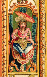 Schloss Bruchsal - Hauptbau / Corps de Logis - Von innen - Beletage - Jagdzimmer - Nördliche Wand, Westseite - Ausschnitt aus der Bordüre (rechts, Mitte) der Tapisserie "Musikanten" aus der "Groteskenserie" (Inv.Nr. G 104; Höhe x Breite: 335 cm x 205 cm; hergestellt in der Werkstatt von Philippe Behagle (Vater oder Sohn) in Beauvais zwischen 1685 und 1719; Entwürfe von Jean-Baptiste Monnoyer, Guy-Louis de Vernansal, Jean-Baptiste B(e)lin de Fontenay; restauriert 1960 und nach 2007) (aufgenommen im Februar 2021, am Nachmittag) Schloss Bruchsal - Hauptbau / Corps de Logis - Von innen - Beletage - Jagdzimmer - Nördliche Wand, Westseite - Ausschnitt aus der Bordüre (rechts, Mitte) der Tapisserie "Musikanten" aus der "Groteskenserie" (Inv.Nr. G 104; Höhe x Breite: 335 cm x 205 cm; hergestellt in der Werkstatt von Philippe Behagle (Vater oder Sohn) in Beauvais zwischen 1685 und 1719; Entwürfe von Jean-Baptiste Monnoyer, Guy-Louis de Vernansal, Jean-Baptiste B(e)lin de Fontenay; restauriert 1960 und nach 2007) (aufgenommen im Februar 2021, am Nachmittag)