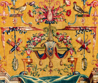 Schloss Bruchsal - Hauptbau / Corps de Logis - Von innen - Beletage - Jagdzimmer - Nördliche Wand, Westseite - Ausschnitt aus der Tapisserie "Musikanten" aus der "Groteskenserie" (Inv.Nr. G 104; Höhe x Breite: 335 cm x 205 cm; hergestellt in der Werkstatt von Philippe Behagle (Vater oder Sohn) in Beauvais zwischen 1685 und 1719; Entwürfe von Jean-Baptiste Monnoyer, Guy-Louis de Vernansal, Jean-Baptiste B(e)lin de Fontenay; restauriert 1960 und nach 2007) (aufgenommen im Februar 2021, am Nachmittag) Schloss Bruchsal - Hauptbau / Corps de Logis - Von innen - Beletage - Jagdzimmer - Nördliche Wand, Westseite - Ausschnitt aus der Tapisserie "Musikanten" aus der "Groteskenserie" (Inv.Nr. G 104; Höhe x Breite: 335 cm x 205 cm; hergestellt in der Werkstatt von Philippe Behagle (Vater oder Sohn) in Beauvais zwischen 1685 und 1719; Entwürfe von Jean-Baptiste Monnoyer, Guy-Louis de Vernansal, Jean-Baptiste B(e)lin de Fontenay; restauriert 1960 und nach 2007) (aufgenommen im Februar 2021, am Nachmittag)