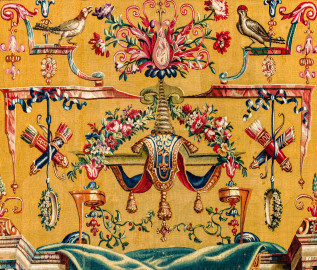 Schloss Bruchsal - Hauptbau / Corps de Logis - Von innen - Beletage - Jagdzimmer - Nördliche Wand, Westseite - Ausschnitt aus der Tapisserie "Musikanten" aus der "Groteskenserie" (Inv.Nr. G 104; Höhe x Breite: 335 cm x 205 cm; hergestellt in der Werkstatt von Philippe Behagle (Vater oder Sohn) in Beauvais zwischen 1685 und 1719; Entwürfe von Jean-Baptiste Monnoyer, Guy-Louis de Vernansal, Jean-Baptiste B(e)lin de Fontenay; restauriert 1960 und nach 2007) (aufgenommen im Februar 2021, am Nachmittag) Schloss Bruchsal - Hauptbau / Corps de Logis - Von innen - Beletage - Jagdzimmer - Nördliche Wand, Westseite - Ausschnitt aus der Tapisserie "Musikanten" aus der "Groteskenserie" (Inv.Nr. G 104; Höhe x Breite: 335 cm x 205 cm; hergestellt in der Werkstatt von Philippe Behagle (Vater oder Sohn) in Beauvais zwischen 1685 und 1719; Entwürfe von Jean-Baptiste Monnoyer, Guy-Louis de Vernansal, Jean-Baptiste B(e)lin de Fontenay; restauriert 1960 und nach 2007) (aufgenommen im Februar 2021, am Nachmittag)