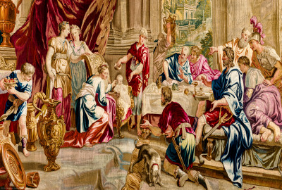 Schloss Bruchsal - Hauptbau / Corps de Logis - Von innen - Beletage - Thronsaal - Ecke Ost- und Südwand - Blick auf einen Ausschnitt der um die Saalecke herumgeführten Tapisserie "Fest des Lykurg" aus der siebenteiligen Folge "Berühmte Männer nach Plutarch" (Inv.Nr. G 166; Höhe x Breite: 383 cm x 618 cm; entstanden um 1735/1745 in der Werkstatt von Daniel und Urban Leyniers und Hendrik Reydams in Brüssel; Entwürfe von Victor Honoré Janssens ; restauriert 1966 und nach 2007) (aufgenommen im Februar 2021, am Vormittag) Schloss Bruchsal - Hauptbau / Corps de Logis - Von innen - Beletage - Thronsaal - Ecke Ost- und Südwand - Blick auf einen Ausschnitt der um die Saalecke herumgeführten Tapisserie "Fest des Lykurg" aus der siebenteiligen Folge "Berühmte Männer nach Plutarch" (Inv.Nr. G 166; Höhe x Breite: 383 cm x 618 cm; entstanden um 1735/1745 in der Werkstatt von Daniel und Urban Leyniers und Hendrik Reydams in Brüssel; Entwürfe von Victor Honoré Janssens ; restauriert 1966 und nach 2007) (aufgenommen im Februar 2021, am Vormittag)