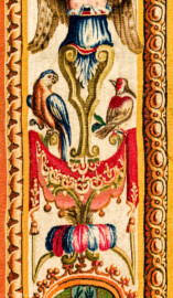 Schloss Bruchsal - Hauptbau / Corps de Logis - Von innen - Beletage - Jagdzimmer - Nördliche Wand, Westseite - Ausschnitt aus der Bordüre (rechts, oberhalb der Mitte) der Tapisserie "Musikanten" aus der "Groteskenserie" (Inv.Nr. G 104; Höhe x Breite: 335 cm x 205 cm; hergestellt in der Werkstatt von Philippe Behagle (Vater oder Sohn) in Beauvais zwischen 1685 und 1719; Entwürfe von Jean-Baptiste Monnoyer, Guy-Louis de Vernansal, Jean-Baptiste B(e)lin de Fontenay; restauriert 1960 und nach 2007) (aufgenommen im Februar 2021, am späten Vormittag) Schloss Bruchsal - Hauptbau / Corps de Logis - Von innen - Beletage - Jagdzimmer - Nördliche Wand, Westseite - Ausschnitt aus der Bordüre (rechts, oberhalb der Mitte) der Tapisserie "Musikanten" aus der "Groteskenserie" (Inv.Nr. G 104; Höhe x Breite: 335 cm x 205 cm; hergestellt in der Werkstatt von Philippe Behagle (Vater oder Sohn) in Beauvais zwischen 1685 und 1719; Entwürfe von Jean-Baptiste Monnoyer, Guy-Louis de Vernansal, Jean-Baptiste B(e)lin de Fontenay; restauriert 1960 und nach 2007) (aufgenommen im Februar 2021, am späten Vormittag)