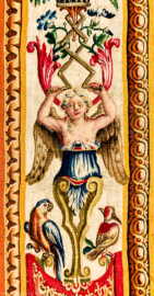 Schloss Bruchsal - Hauptbau / Corps de Logis - Von innen - Beletage - Jagdzimmer - Nördliche Wand, Westseite - Ausschnitt aus der Bordüre (rechts, oben) der Tapisserie "Musikanten" aus der "Groteskenserie" (Inv.Nr. G 104; Höhe x Breite: 335 cm x 205 cm; hergestellt in der Werkstatt von Philippe Behagle (Vater oder Sohn) in Beauvais zwischen 1685 und 1719; Entwürfe von Jean-Baptiste Monnoyer, Guy-Louis de Vernansal, Jean-Baptiste B(e)lin de Fontenay; restauriert 1960 und nach 2007) (aufgenommen im Februar 2021, am späten Vormittag) Schloss Bruchsal - Hauptbau / Corps de Logis - Von innen - Beletage - Jagdzimmer - Nördliche Wand, Westseite - Ausschnitt aus der Bordüre (rechts, oben) der Tapisserie "Musikanten" aus der "Groteskenserie" (Inv.Nr. G 104; Höhe x Breite: 335 cm x 205 cm; hergestellt in der Werkstatt von Philippe Behagle (Vater oder Sohn) in Beauvais zwischen 1685 und 1719; Entwürfe von Jean-Baptiste Monnoyer, Guy-Louis de Vernansal, Jean-Baptiste B(e)lin de Fontenay; restauriert 1960 und nach 2007) (aufgenommen im Februar 2021, am späten Vormittag)