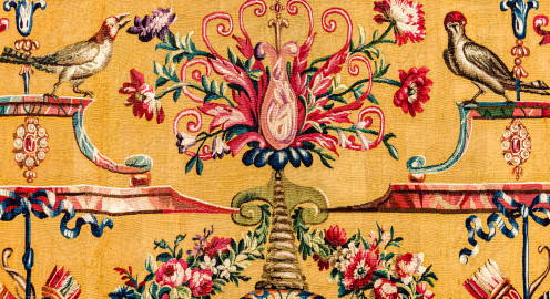 Schloss Bruchsal - Hauptbau / Corps de Logis - Von innen - Beletage - Jagdzimmer - Nördliche Wand, Westseite - Ausschnitt aus der Tapisserie "Musikanten" aus der "Groteskenserie" (Inv.Nr. G 104; Höhe x Breite: 335 cm x 205 cm; hergestellt in der Werkstatt von Philippe Behagle (Vater oder Sohn) in Beauvais zwischen 1685 und 1719; Entwürfe von Jean-Baptiste Monnoyer, Guy-Louis de Vernansal, Jean-Baptiste B(e)lin de Fontenay; restauriert 1960 und nach 2007) (aufgenommen im Februar 2021, am späten Vormittag) Schloss Bruchsal - Hauptbau / Corps de Logis - Von innen - Beletage - Jagdzimmer - Nördliche Wand, Westseite - Ausschnitt aus der Tapisserie "Musikanten" aus der "Groteskenserie" (Inv.Nr. G 104; Höhe x Breite: 335 cm x 205 cm; hergestellt in der Werkstatt von Philippe Behagle (Vater oder Sohn) in Beauvais zwischen 1685 und 1719; Entwürfe von Jean-Baptiste Monnoyer, Guy-Louis de Vernansal, Jean-Baptiste B(e)lin de Fontenay; restauriert 1960 und nach 2007) (aufgenommen im Februar 2021, am späten Vormittag)