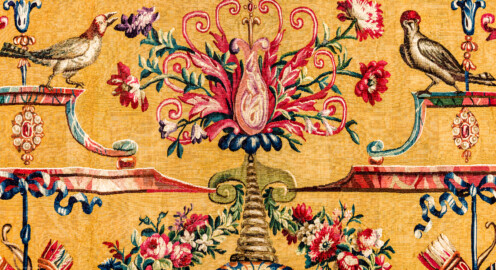 Schloss Bruchsal - Hauptbau / Corps de Logis - Von innen - Beletage - Jagdzimmer - Nördliche Wand, Westseite - Ausschnitt aus der Tapisserie "Musikanten" aus der "Groteskenserie" (Inv.Nr. G 104; Höhe x Breite: 335 cm x 205 cm; hergestellt in der Werkstatt von Philippe Behagle (Vater oder Sohn) in Beauvais zwischen 1685 und 1719; Entwürfe von Jean-Baptiste Monnoyer, Guy-Louis de Vernansal, Jean-Baptiste B(e)lin de Fontenay; restauriert 1960 und nach 2007) (aufgenommen im Februar 2021, am späten Vormittag) Schloss Bruchsal - Hauptbau / Corps de Logis - Von innen - Beletage - Jagdzimmer - Nördliche Wand, Westseite - Ausschnitt aus der Tapisserie "Musikanten" aus der "Groteskenserie" (Inv.Nr. G 104; Höhe x Breite: 335 cm x 205 cm; hergestellt in der Werkstatt von Philippe Behagle (Vater oder Sohn) in Beauvais zwischen 1685 und 1719; Entwürfe von Jean-Baptiste Monnoyer, Guy-Louis de Vernansal, Jean-Baptiste B(e)lin de Fontenay; restauriert 1960 und nach 2007) (aufgenommen im Februar 2021, am späten Vormittag)