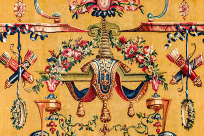 Schloss Bruchsal - Hauptbau / Corps de Logis - Von innen - Beletage - Jagdzimmer - Nördliche Wand, Westseite - Ausschnitt aus der Tapisserie "Musikanten" aus der "Groteskenserie" (Inv.Nr. G 104; Höhe x Breite: 335 cm x 205 cm; hergestellt in der Werkstatt von Philippe Behagle (Vater oder Sohn) in Beauvais zwischen 1685 und 1719; Entwürfe von Jean-Baptiste Monnoyer, Guy-Louis de Vernansal, Jean-Baptiste B(e)lin de Fontenay; restauriert 1960 und nach 2007) (aufgenommen im Februar 2021, am späten Vormittag) Schloss Bruchsal - Hauptbau / Corps de Logis - Von innen - Beletage - Jagdzimmer - Nördliche Wand, Westseite - Ausschnitt aus der Tapisserie "Musikanten" aus der "Groteskenserie" (Inv.Nr. G 104; Höhe x Breite: 335 cm x 205 cm; hergestellt in der Werkstatt von Philippe Behagle (Vater oder Sohn) in Beauvais zwischen 1685 und 1719; Entwürfe von Jean-Baptiste Monnoyer, Guy-Louis de Vernansal, Jean-Baptiste B(e)lin de Fontenay; restauriert 1960 und nach 2007) (aufgenommen im Februar 2021, am späten Vormittag)