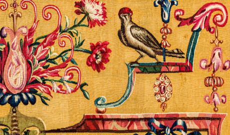 Schloss Bruchsal - Hauptbau / Corps de Logis - Von innen - Beletage - Jagdzimmer - Nördliche Wand, Westseite - Ausschnitt aus der Tapisserie "Musikanten" aus der "Groteskenserie" (Inv.Nr. G 104; Höhe x Breite: 335 cm x 205 cm; hergestellt in der Werkstatt von Philippe Behagle (Vater oder Sohn) in Beauvais zwischen 1685 und 1719; Entwürfe von Jean-Baptiste Monnoyer, Guy-Louis de Vernansal, Jean-Baptiste B(e)lin de Fontenay; restauriert 1960 und nach 2007) (aufgenommen im Februar 2021, am späten Vormittag) Schloss Bruchsal - Hauptbau / Corps de Logis - Von innen - Beletage - Jagdzimmer - Nördliche Wand, Westseite - Ausschnitt aus der Tapisserie "Musikanten" aus der "Groteskenserie" (Inv.Nr. G 104; Höhe x Breite: 335 cm x 205 cm; hergestellt in der Werkstatt von Philippe Behagle (Vater oder Sohn) in Beauvais zwischen 1685 und 1719; Entwürfe von Jean-Baptiste Monnoyer, Guy-Louis de Vernansal, Jean-Baptiste B(e)lin de Fontenay; restauriert 1960 und nach 2007) (aufgenommen im Februar 2021, am späten Vormittag)