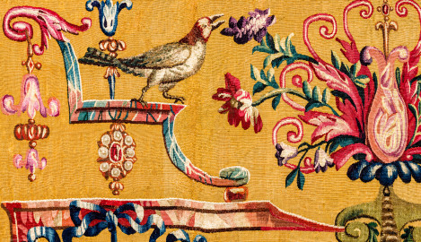 Schloss Bruchsal - Hauptbau / Corps de Logis - Von innen - Beletage - Jagdzimmer - Nördliche Wand, Westseite - Ausschnitt aus der Tapisserie "Musikanten" aus der "Groteskenserie" (Inv.Nr. G 104; Höhe x Breite: 335 cm x 205 cm; hergestellt in der Werkstatt von Philippe Behagle (Vater oder Sohn) in Beauvais zwischen 1685 und 1719; Entwürfe von Jean-Baptiste Monnoyer, Guy-Louis de Vernansal, Jean-Baptiste B(e)lin de Fontenay; restauriert 1960 und nach 2007) (aufgenommen im Februar 2021, am späten Vormittag) Schloss Bruchsal - Hauptbau / Corps de Logis - Von innen - Beletage - Jagdzimmer - Nördliche Wand, Westseite - Ausschnitt aus der Tapisserie "Musikanten" aus der "Groteskenserie" (Inv.Nr. G 104; Höhe x Breite: 335 cm x 205 cm; hergestellt in der Werkstatt von Philippe Behagle (Vater oder Sohn) in Beauvais zwischen 1685 und 1719; Entwürfe von Jean-Baptiste Monnoyer, Guy-Louis de Vernansal, Jean-Baptiste B(e)lin de Fontenay; restauriert 1960 und nach 2007) (aufgenommen im Februar 2021, am späten Vormittag)