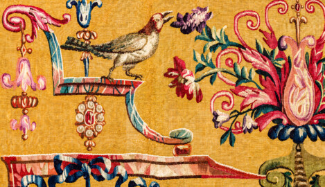 Schloss Bruchsal - Hauptbau / Corps de Logis - Von innen - Beletage - Jagdzimmer - Nördliche Wand, Westseite - Ausschnitt aus der Tapisserie "Musikanten" aus der "Groteskenserie" (Inv.Nr. G 104; Höhe x Breite: 335 cm x 205 cm; hergestellt in der Werkstatt von Philippe Behagle (Vater oder Sohn) in Beauvais zwischen 1685 und 1719; Entwürfe von Jean-Baptiste Monnoyer, Guy-Louis de Vernansal, Jean-Baptiste B(e)lin de Fontenay; restauriert 1960 und nach 2007) (aufgenommen im Februar 2021, am späten Vormittag) Schloss Bruchsal - Hauptbau / Corps de Logis - Von innen - Beletage - Jagdzimmer - Nördliche Wand, Westseite - Ausschnitt aus der Tapisserie "Musikanten" aus der "Groteskenserie" (Inv.Nr. G 104; Höhe x Breite: 335 cm x 205 cm; hergestellt in der Werkstatt von Philippe Behagle (Vater oder Sohn) in Beauvais zwischen 1685 und 1719; Entwürfe von Jean-Baptiste Monnoyer, Guy-Louis de Vernansal, Jean-Baptiste B(e)lin de Fontenay; restauriert 1960 und nach 2007) (aufgenommen im Februar 2021, am späten Vormittag)