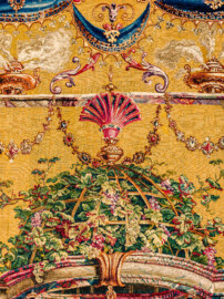 Schloss Bruchsal - Hauptbau / Corps de Logis - Von innen - Beletage - Jagdzimmer - Östliche Wand, Nordseite - Ausschnitt aus der Tapisserie "Bacchus" aus der "Groteskenserie" (Inv.Nr. G 105; Höhe x Breite: 341 cm x 285 cm; hergestellt in der Werkstatt von Philippe Behagle (Vater oder Sohn) in Beauvais zwischen 1685 und 1719; Entwürfe von Jean-Baptiste Monnoyer, Guy-Louis de Vernansal, Jean-Baptiste B(e)lin de Fontenay; restauriert 1960 und nach 2007) (aufgenommen im Februar 2021, am frühen Nachmittag) Schloss Bruchsal - Hauptbau / Corps de Logis - Von innen - Beletage - Jagdzimmer - Östliche Wand, Nordseite - Ausschnitt aus der Tapisserie "Bacchus" aus der "Groteskenserie" (Inv.Nr. G 105; Höhe x Breite: 341 cm x 285 cm; hergestellt in der Werkstatt von Philippe Behagle (Vater oder Sohn) in Beauvais zwischen 1685 und 1719; Entwürfe von Jean-Baptiste Monnoyer, Guy-Louis de Vernansal, Jean-Baptiste B(e)lin de Fontenay; restauriert 1960 und nach 2007) (aufgenommen im Februar 2021, am frühen Nachmittag)