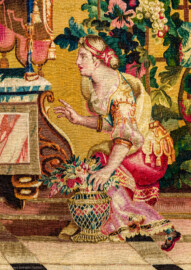 Schloss Bruchsal - Hauptbau / Corps de Logis - Von innen - Beletage - Jagdzimmer - Östliche Wand, Nordseite - Ausschnitt aus der Tapisserie "Bacchus" aus der "Groteskenserie" (Inv.Nr. G 105; Höhe x Breite: 341 cm x 285 cm; hergestellt in der Werkstatt von Philippe Behagle (Vater oder Sohn) in Beauvais zwischen 1685 und 1719; Entwürfe von Jean-Baptiste Monnoyer, Guy-Louis de Vernansal, Jean-Baptiste B(e)lin de Fontenay; restauriert 1960 und nach 2007) (aufgenommen im Februar 2021, am Nachmittag) Schloss Bruchsal - Hauptbau / Corps de Logis - Von innen - Beletage - Jagdzimmer - Östliche Wand, Nordseite - Ausschnitt aus der Tapisserie "Bacchus" aus der "Groteskenserie" (Inv.Nr. G 105; Höhe x Breite: 341 cm x 285 cm; hergestellt in der Werkstatt von Philippe Behagle (Vater oder Sohn) in Beauvais zwischen 1685 und 1719; Entwürfe von Jean-Baptiste Monnoyer, Guy-Louis de Vernansal, Jean-Baptiste B(e)lin de Fontenay; restauriert 1960 und nach 2007) (aufgenommen im Februar 2021, am Nachmittag)