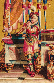 Schloss Bruchsal - Hauptbau / Corps de Logis - Von innen - Beletage - Jagdzimmer - Östliche Wand, Nordseite - Ausschnitt aus der Tapisserie "Bacchus" aus der "Groteskenserie" (Inv.Nr. G 105; Höhe x Breite: 341 cm x 285 cm; hergestellt in der Werkstatt von Philippe Behagle (Vater oder Sohn) in Beauvais zwischen 1685 und 1719; Entwürfe von Jean-Baptiste Monnoyer, Guy-Louis de Vernansal, Jean-Baptiste B(e)lin de Fontenay; restauriert 1960 und nach 2007) (aufgenommen im Februar 2021, am Nachmittag) Schloss Bruchsal - Hauptbau / Corps de Logis - Von innen - Beletage - Jagdzimmer - Östliche Wand, Nordseite - Ausschnitt aus der Tapisserie "Bacchus" aus der "Groteskenserie" (Inv.Nr. G 105; Höhe x Breite: 341 cm x 285 cm; hergestellt in der Werkstatt von Philippe Behagle (Vater oder Sohn) in Beauvais zwischen 1685 und 1719; Entwürfe von Jean-Baptiste Monnoyer, Guy-Louis de Vernansal, Jean-Baptiste B(e)lin de Fontenay; restauriert 1960 und nach 2007) (aufgenommen im Februar 2021, am Nachmittag)