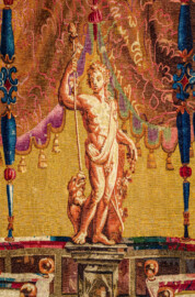 Schloss Bruchsal - Hauptbau / Corps de Logis - Von innen - Beletage - Jagdzimmer - Östliche Wand, Nordseite - Ausschnitt aus der Tapisserie "Bacchus" aus der "Groteskenserie" (Inv.Nr. G 105; Höhe x Breite: 341 cm x 285 cm; hergestellt in der Werkstatt von Philippe Behagle (Vater oder Sohn) in Beauvais zwischen 1685 und 1719; Entwürfe von Jean-Baptiste Monnoyer, Guy-Louis de Vernansal, Jean-Baptiste B(e)lin de Fontenay; restauriert 1960 und nach 2007) (aufgenommen im Februar 2021, am Nachmittag) Schloss Bruchsal - Hauptbau / Corps de Logis - Von innen - Beletage - Jagdzimmer - Östliche Wand, Nordseite - Ausschnitt aus der Tapisserie "Bacchus" aus der "Groteskenserie" (Inv.Nr. G 105; Höhe x Breite: 341 cm x 285 cm; hergestellt in der Werkstatt von Philippe Behagle (Vater oder Sohn) in Beauvais zwischen 1685 und 1719; Entwürfe von Jean-Baptiste Monnoyer, Guy-Louis de Vernansal, Jean-Baptiste B(e)lin de Fontenay; restauriert 1960 und nach 2007) (aufgenommen im Februar 2021, am Nachmittag)