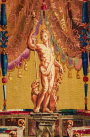 Schloss Bruchsal - Hauptbau / Corps de Logis - Von innen - Beletage - Jagdzimmer - Östliche Wand, Nordseite - Ausschnitt aus der Tapisserie "Bacchus" aus der "Groteskenserie" (Inv.Nr. G 105; Höhe x Breite: 341 cm x 285 cm; hergestellt in der Werkstatt von Philippe Behagle (Vater oder Sohn) in Beauvais zwischen 1685 und 1719; Entwürfe von Jean-Baptiste Monnoyer, Guy-Louis de Vernansal, Jean-Baptiste B(e)lin de Fontenay; restauriert 1960 und nach 2007) (aufgenommen im Februar 2021, am Nachmittag) Schloss Bruchsal - Hauptbau / Corps de Logis - Von innen - Beletage - Jagdzimmer - Östliche Wand, Nordseite - Ausschnitt aus der Tapisserie "Bacchus" aus der "Groteskenserie" (Inv.Nr. G 105; Höhe x Breite: 341 cm x 285 cm; hergestellt in der Werkstatt von Philippe Behagle (Vater oder Sohn) in Beauvais zwischen 1685 und 1719; Entwürfe von Jean-Baptiste Monnoyer, Guy-Louis de Vernansal, Jean-Baptiste B(e)lin de Fontenay; restauriert 1960 und nach 2007) (aufgenommen im Februar 2021, am Nachmittag)