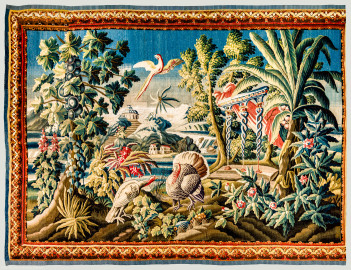 Schloss Bruchsal - Hauptbau / Corps de Logis - Von innen - Beletage - Vorzimmer - Südliche Wand - Tapisserie "Landschaft mit Truthahnpaar" aus der fünfteiligen Folge "Exotische Landschaften" (Inv.Nr. G 135; Höhe x Breite: 302 cm x 422 cm; Marke / Signatur: keine; hergestellt in der Manufacture Royale d'Aubusson, Ateliers Reynaud und Pierre Couloudon, 2. Viertel / Mitte 18. Jahrhundert; restauriert 1959 und 2021) (aufgenommen im März 2021, am späten Vormittag) Schloss Bruchsal - Hauptbau / Corps de Logis - Von innen - Beletage - Vorzimmer - Südliche Wand - Tapisserie "Landschaft mit Truthahnpaar" aus der fünfteiligen Folge "Exotische Landschaften" (Inv.Nr. G 135; Höhe x Breite: 302 cm x 422 cm; Marke / Signatur: keine; hergestellt in der Manufacture Royale d'Aubusson, Ateliers Reynaud und Pierre Couloudon, 2. Viertel / Mitte 18. Jahrhundert; restauriert 1959 und 2021) (aufgenommen im März 2021, am späten Vormittag)