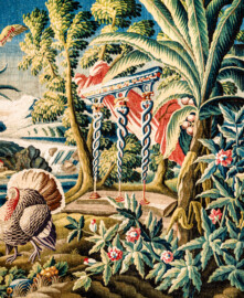 Schloss Bruchsal - Hauptbau / Corps de Logis - Von innen - Beletage - Vorzimmer - Südliche Wand - Ausschnitt aus der Tapisserie "Landschaft mit Truthahnpaar" aus der fünfteiligen Folge "Exotische Landschaften" (Inv.Nr. G 135; Höhe x Breite: 302 cm x 422 cm; Marke / Signatur: keine; hergestellt in der Manufacture Royale d'Aubusson, Ateliers Reynaud und Pierre Couloudon, 2. Viertel / Mitte 18. Jahrhundert; restauriert 1959 und 2021) (aufgenommen im März 2021, am späten Vormittag) Schloss Bruchsal - Hauptbau / Corps de Logis - Von innen - Beletage - Vorzimmer - Südliche Wand - Ausschnitt aus der Tapisserie "Landschaft mit Truthahnpaar" aus der fünfteiligen Folge "Exotische Landschaften" (Inv.Nr. G 135; Höhe x Breite: 302 cm x 422 cm; Marke / Signatur: keine; hergestellt in der Manufacture Royale d'Aubusson, Ateliers Reynaud und Pierre Couloudon, 2. Viertel / Mitte 18. Jahrhundert; restauriert 1959 und 2021) (aufgenommen im März 2021, am späten Vormittag)