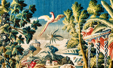 Schloss Bruchsal - Hauptbau / Corps de Logis - Von innen - Beletage - Vorzimmer - Südliche Wand - Ausschnitt aus der Tapisserie "Landschaft mit Truthahnpaar" aus der fünfteiligen Folge "Exotische Landschaften" (Inv.Nr. G 135; Höhe x Breite: 302 cm x 422 cm; Marke / Signatur: keine; hergestellt in der Manufacture Royale d'Aubusson, Ateliers Reynaud und Pierre Couloudon, 2. Viertel / Mitte 18. Jahrhundert; restauriert 1959 und 2021) (aufgenommen im März 2021, um die Mittagszeit) Schloss Bruchsal - Hauptbau / Corps de Logis - Von innen - Beletage - Vorzimmer - Südliche Wand - Ausschnitt aus der Tapisserie "Landschaft mit Truthahnpaar" aus der fünfteiligen Folge "Exotische Landschaften" (Inv.Nr. G 135; Höhe x Breite: 302 cm x 422 cm; Marke / Signatur: keine; hergestellt in der Manufacture Royale d'Aubusson, Ateliers Reynaud und Pierre Couloudon, 2. Viertel / Mitte 18. Jahrhundert; restauriert 1959 und 2021) (aufgenommen im März 2021, um die Mittagszeit)