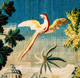 Schloss Bruchsal - Hauptbau / Corps de Logis - Von innen - Beletage - Vorzimmer - Südliche Wand - Ausschnitt aus der Tapisserie "Landschaft mit Truthahnpaar" aus der fünfteiligen Folge "Exotische Landschaften" (Inv.Nr. G 135; Höhe x Breite: 302 cm x 422 cm; Marke / Signatur: keine; hergestellt in der Manufacture Royale d'Aubusson, Ateliers Reynaud und Pierre Couloudon, 2. Viertel / Mitte 18. Jahrhundert; restauriert 1959 und 2021) (aufgenommen im März 2021, am frühen Nachmittag) Schloss Bruchsal - Hauptbau / Corps de Logis - Von innen - Beletage - Vorzimmer - Südliche Wand - Ausschnitt aus der Tapisserie "Landschaft mit Truthahnpaar" aus der fünfteiligen Folge "Exotische Landschaften" (Inv.Nr. G 135; Höhe x Breite: 302 cm x 422 cm; Marke / Signatur: keine; hergestellt in der Manufacture Royale d'Aubusson, Ateliers Reynaud und Pierre Couloudon, 2. Viertel / Mitte 18. Jahrhundert; restauriert 1959 und 2021) (aufgenommen im März 2021, am frühen Nachmittag)