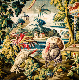 Schloss Bruchsal - Hauptbau / Corps de Logis - Von innen - Beletage - Vorzimmer - Südliche Wand - Ausschnitt aus der Tapisserie "Landschaft mit Truthahnpaar" aus der fünfteiligen Folge "Exotische Landschaften" (Inv.Nr. G 135; Höhe x Breite: 302 cm x 422 cm; Marke / Signatur: keine; hergestellt in der Manufacture Royale d'Aubusson, Ateliers Reynaud und Pierre Couloudon, 2. Viertel / Mitte 18. Jahrhundert; restauriert 1959 und 2021) (aufgenommen im März 2021, am frühen Nachmittag) Schloss Bruchsal - Hauptbau / Corps de Logis - Von innen - Beletage - Vorzimmer - Südliche Wand - Ausschnitt aus der Tapisserie "Landschaft mit Truthahnpaar" aus der fünfteiligen Folge "Exotische Landschaften" (Inv.Nr. G 135; Höhe x Breite: 302 cm x 422 cm; Marke / Signatur: keine; hergestellt in der Manufacture Royale d'Aubusson, Ateliers Reynaud und Pierre Couloudon, 2. Viertel / Mitte 18. Jahrhundert; restauriert 1959 und 2021) (aufgenommen im März 2021, am frühen Nachmittag)