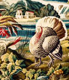 Schloss Bruchsal - Hauptbau / Corps de Logis - Von innen - Beletage - Vorzimmer - Südliche Wand - Ausschnitt aus der Tapisserie "Landschaft mit Truthahnpaar" aus der fünfteiligen Folge "Exotische Landschaften" (Inv.Nr. G 135; Höhe x Breite: 302 cm x 422 cm; Marke / Signatur: keine; hergestellt in der Manufacture Royale d'Aubusson, Ateliers Reynaud und Pierre Couloudon, 2. Viertel / Mitte 18. Jahrhundert; restauriert 1959 und 2021) (aufgenommen im März 2021, am frühen Nachmittag) Schloss Bruchsal - Hauptbau / Corps de Logis - Von innen - Beletage - Vorzimmer - Südliche Wand - Ausschnitt aus der Tapisserie "Landschaft mit Truthahnpaar" aus der fünfteiligen Folge "Exotische Landschaften" (Inv.Nr. G 135; Höhe x Breite: 302 cm x 422 cm; Marke / Signatur: keine; hergestellt in der Manufacture Royale d'Aubusson, Ateliers Reynaud und Pierre Couloudon, 2. Viertel / Mitte 18. Jahrhundert; restauriert 1959 und 2021) (aufgenommen im März 2021, am frühen Nachmittag)