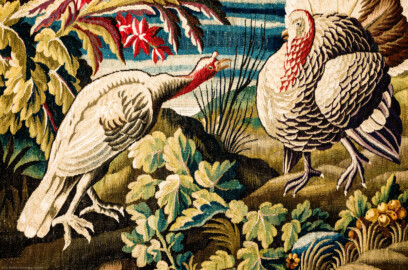 Schloss Bruchsal - Hauptbau / Corps de Logis - Von innen - Beletage - Vorzimmer - Südliche Wand - Ausschnitt aus der Tapisserie "Landschaft mit Truthahnpaar" aus der fünfteiligen Folge "Exotische Landschaften" (Inv.Nr. G 135; Höhe x Breite: 302 cm x 422 cm; Marke / Signatur: keine; hergestellt in der Manufacture Royale d'Aubusson, Ateliers Reynaud und Pierre Couloudon, 2. Viertel / Mitte 18. Jahrhundert; restauriert 1959 und 2021) (aufgenommen im März 2021, am frühen Nachmittag) Schloss Bruchsal - Hauptbau / Corps de Logis - Von innen - Beletage - Vorzimmer - Südliche Wand - Ausschnitt aus der Tapisserie "Landschaft mit Truthahnpaar" aus der fünfteiligen Folge "Exotische Landschaften" (Inv.Nr. G 135; Höhe x Breite: 302 cm x 422 cm; Marke / Signatur: keine; hergestellt in der Manufacture Royale d'Aubusson, Ateliers Reynaud und Pierre Couloudon, 2. Viertel / Mitte 18. Jahrhundert; restauriert 1959 und 2021) (aufgenommen im März 2021, am frühen Nachmittag)