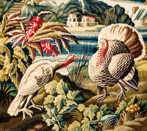 Schloss Bruchsal - Hauptbau / Corps de Logis - Von innen - Beletage - Vorzimmer - Südliche Wand - Ausschnitt aus der Tapisserie "Landschaft mit Truthahnpaar" aus der fünfteiligen Folge "Exotische Landschaften" (Inv.Nr. G 135; Höhe x Breite: 302 cm x 422 cm; Marke / Signatur: keine; hergestellt in der Manufacture Royale d'Aubusson, Ateliers Reynaud und Pierre Couloudon, 2. Viertel / Mitte 18. Jahrhundert; restauriert 1959 und 2021) (aufgenommen im März 2021, am frühen Nachmittag) Schloss Bruchsal - Hauptbau / Corps de Logis - Von innen - Beletage - Vorzimmer - Südliche Wand - Ausschnitt aus der Tapisserie "Landschaft mit Truthahnpaar" aus der fünfteiligen Folge "Exotische Landschaften" (Inv.Nr. G 135; Höhe x Breite: 302 cm x 422 cm; Marke / Signatur: keine; hergestellt in der Manufacture Royale d'Aubusson, Ateliers Reynaud und Pierre Couloudon, 2. Viertel / Mitte 18. Jahrhundert; restauriert 1959 und 2021) (aufgenommen im März 2021, am frühen Nachmittag)