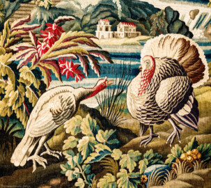 Schloss Bruchsal - Hauptbau / Corps de Logis - Von innen - Beletage - Vorzimmer - Südliche Wand - Ausschnitt aus der Tapisserie "Landschaft mit Truthahnpaar" aus der fünfteiligen Folge "Exotische Landschaften" (Inv.Nr. G 135; Höhe x Breite: 302 cm x 422 cm; Marke / Signatur: keine; hergestellt in der Manufacture Royale d'Aubusson, Ateliers Reynaud und Pierre Couloudon, 2. Viertel / Mitte 18. Jahrhundert; restauriert 1959 und 2021) (aufgenommen im März 2021, am frühen Nachmittag) Schloss Bruchsal - Hauptbau / Corps de Logis - Von innen - Beletage - Vorzimmer - Südliche Wand - Ausschnitt aus der Tapisserie "Landschaft mit Truthahnpaar" aus der fünfteiligen Folge "Exotische Landschaften" (Inv.Nr. G 135; Höhe x Breite: 302 cm x 422 cm; Marke / Signatur: keine; hergestellt in der Manufacture Royale d'Aubusson, Ateliers Reynaud und Pierre Couloudon, 2. Viertel / Mitte 18. Jahrhundert; restauriert 1959 und 2021) (aufgenommen im März 2021, am frühen Nachmittag)