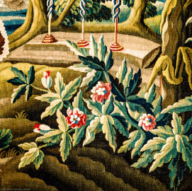 Schloss Bruchsal - Hauptbau / Corps de Logis - Von innen - Beletage - Vorzimmer - Südliche Wand - Ausschnitt (rechts unten) aus der Tapisserie "Landschaft mit Truthahnpaar" aus der fünfteiligen Folge "Exotische Landschaften" (Inv.Nr. G 135; Höhe x Breite: 302 cm x 422 cm; Marke / Signatur: keine; hergestellt in der Manufacture Royale d'Aubusson, Ateliers Reynaud und Pierre Couloudon, 2. Viertel / Mitte 18. Jahrhundert; restauriert 1959 und 2021) (aufgenommen im März 2021, am frühen Nachmittag) Schloss Bruchsal - Hauptbau / Corps de Logis - Von innen - Beletage - Vorzimmer - Südliche Wand - Ausschnitt (rechts unten) aus der Tapisserie "Landschaft mit Truthahnpaar" aus der fünfteiligen Folge "Exotische Landschaften" (Inv.Nr. G 135; Höhe x Breite: 302 cm x 422 cm; Marke / Signatur: keine; hergestellt in der Manufacture Royale d'Aubusson, Ateliers Reynaud und Pierre Couloudon, 2. Viertel / Mitte 18. Jahrhundert; restauriert 1959 und 2021) (aufgenommen im März 2021, am frühen Nachmittag)