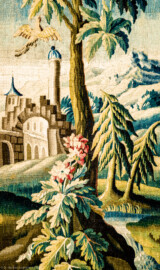 Schloss Bruchsal - Hauptbau / Corps de Logis - Von innen - Beletage - Vorzimmer - Nördliche Wand, Westseite - Ausschnitt aus der Tapisserie "Blick auf Stadttor" aus der fünfteiligen Folge "Exotische Landschaften" (Inv.Nr. G 141; Höhe x Breite: 292 cm x 129 cm; Marke / Signatur: M.R.DAVBUSON; hergestellt in der Manufacture Royale d'Aubusson, Ateliers Reynaud und Pierre Couloudon, 2. Viertel / Mitte 18. Jahrhundert; restauriert 1961 und 2021) (aufgenommen im März 2021, am frühen Nachmittag) Schloss Bruchsal - Hauptbau / Corps de Logis - Von innen - Beletage - Vorzimmer - Nördliche Wand, Westseite - Ausschnitt aus der Tapisserie "Blick auf Stadttor" aus der fünfteiligen Folge "Exotische Landschaften" (Inv.Nr. G 141; Höhe x Breite: 292 cm x 129 cm; Marke / Signatur: M.R.DAVBUSON; hergestellt in der Manufacture Royale d'Aubusson, Ateliers Reynaud und Pierre Couloudon, 2. Viertel / Mitte 18. Jahrhundert; restauriert 1961 und 2021) (aufgenommen im März 2021, am frühen Nachmittag)