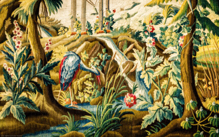 Schloss Bruchsal - Hauptbau / Corps de Logis - Von innen - Beletage - Vorzimmer - Nördliche Wand, Ostseite - Ausschnitt aus der Tapisserie "Ausblick auf einen Tempel mit Glocke" aus der fünfteiligen Folge "Exotische Landschaften" (Inv.Nr. G 133; Höhe x Breite: 289 cm x 311 cm; Marke / Signatur: DAVBVSSON.RAYNAV[D]; hergestellt in der Manufacture Royale d'Aubusson, Ateliers Reynaud und Pierre Couloudon, 2. Viertel / Mitte 18. Jahrhundert; restauriert 1908, 1959 und nach 2007) (aufgenommen im März 2021, am Nachmittag)