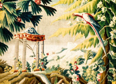 Schloss Bruchsal - Hauptbau / Corps de Logis - Von innen - Beletage - Vorzimmer - Nördliche Wand, Ostseite - Ausschnitt aus der Tapisserie "Ausblick auf einen Tempel mit Glocke" aus der fünfteiligen Folge "Exotische Landschaften" (Inv.Nr. G 133; Höhe x Breite: 289 cm x 311 cm; Marke / Signatur: DAVBVSSON.RAYNAV[D]; hergestellt in der Manufacture Royale d'Aubusson, Ateliers Reynaud und Pierre Couloudon, 2. Viertel / Mitte 18. Jahrhundert; restauriert 1908, 1959 und nach 2007) (aufgenommen im März 2021, am Nachmittag)