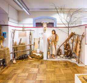 Städtisches Museum Bruchsal - Schloss Bruchsal - Hauptbau / Corps de Logis - Von innen - Östlicher Raum, Bereich Jungsteinzeit - Von Norden - Blick nach Süden auf den Bereich Kleidung und ihre Herstellung, rechts ein Modell eines jungsteinzeitlichen Jägers (aufgenommen im März 2021, am frühen Nachmittag)