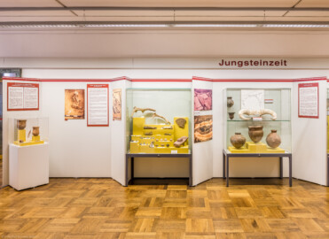 Städtisches Museum Bruchsal - Schloss Bruchsal - Hauptbau / Corps de Logis - Von innen - Östlicher Raum, Bereich Jungsteinzeit - Von Osten - Blick nach Westen auf Vitrinen zur Jungsteinzeit, links eine Vitrine mit Glockenbechern und einem Dolch aus Feuerstein, in der Mitte eine Vitrine mit Steingeräten aus dem Erdwerk "Aue" sowie mit Baggerfunden aus Kiesgruben, meist Geräte und Werkstücke aus Hirschgeweihen, rechts eine Vitrine mit Tulpenbechern, Vorratsgefäßen und einem Gehörn eines Auerochsens aus dem Erdwerk "Aue" (aufgenommen im März 2021, am frühen Nachmittag)