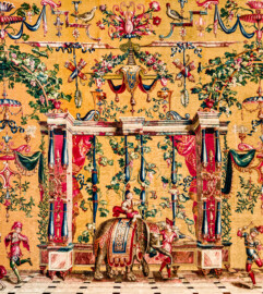 Schloss Bruchsal - Hauptbau / Corps de Logis - Von innen - Beletage - Jagdzimmer - Südliche Wand, rechte Seite - Ausschnitt aus der Tapisserie "Elefantentreiber" aus der "Groteskenserie" (Inv.Nr. G 106; Höhe x Breite 337 cm x 358 cm; hergestellt in der Werkstatt von Philippe Behagle (Vater oder Sohn) in Beauvais zwischen 1685 und 1719; Entwürfe von Jean-Baptiste Monnoyer, Guy-Louis de Vernansal, Jean-Baptiste B(e)lin de Fontenay; restauriert 1960 und nach 2007) (aufgenommen im März 2021, am späten Vormittag) Schloss Bruchsal - Hauptbau / Corps de Logis - Von innen - Beletage - Jagdzimmer - Südliche Wand, rechte Seite - Ausschnitt aus der Tapisserie "Elefantentreiber" aus der "Groteskenserie" (Inv.Nr. G 106; Höhe x Breite 337 cm x 358 cm; hergestellt in der Werkstatt von Philippe Behagle (Vater oder Sohn) in Beauvais zwischen 1685 und 1719; Entwürfe von Jean-Baptiste Monnoyer, Guy-Louis de Vernansal, Jean-Baptiste B(e)lin de Fontenay; restauriert 1960 und nach 2007) (aufgenommen im März 2021, am späten Vormittag)