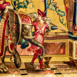 Schloss Bruchsal - Hauptbau / Corps de Logis - Von innen - Beletage - Jagdzimmer - Südliche Wand, rechte Seite - Ausschnitt aus der Tapisserie "Elefantentreiber" aus der "Groteskenserie" (Inv.Nr. G 106; Höhe x Breite 337 cm x 358 cm; hergestellt in der Werkstatt von Philippe Behagle (Vater oder Sohn) in Beauvais zwischen 1685 und 1719; Entwürfe von Jean-Baptiste Monnoyer, Guy-Louis de Vernansal, Jean-Baptiste B(e)lin de Fontenay; restauriert 1960 und nach 2007) (aufgenommen im März 2021, um die Mittagszeit) Schloss Bruchsal - Hauptbau / Corps de Logis - Von innen - Beletage - Jagdzimmer - Südliche Wand, rechte Seite - Ausschnitt aus der Tapisserie "Elefantentreiber" aus der "Groteskenserie" (Inv.Nr. G 106; Höhe x Breite 337 cm x 358 cm; hergestellt in der Werkstatt von Philippe Behagle (Vater oder Sohn) in Beauvais zwischen 1685 und 1719; Entwürfe von Jean-Baptiste Monnoyer, Guy-Louis de Vernansal, Jean-Baptiste B(e)lin de Fontenay; restauriert 1960 und nach 2007) (aufgenommen im März 2021, um die Mittagszeit)