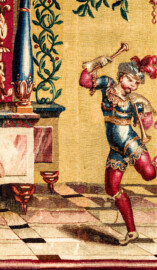 Schloss Bruchsal - Hauptbau / Corps de Logis - Von innen - Beletage - Jagdzimmer - Südliche Wand, rechte Seite - Ausschnitt aus der Tapisserie "Elefantentreiber" aus der "Groteskenserie" (Inv.Nr. G 106; Höhe x Breite 337 cm x 358 cm; hergestellt in der Werkstatt von Philippe Behagle (Vater oder Sohn) in Beauvais zwischen 1685 und 1719; Entwürfe von Jean-Baptiste Monnoyer, Guy-Louis de Vernansal, Jean-Baptiste B(e)lin de Fontenay; restauriert 1960 und nach 2007) (aufgenommen im März 2021, um die Mittagszeit) Schloss Bruchsal - Hauptbau / Corps de Logis - Von innen - Beletage - Jagdzimmer - Südliche Wand, rechte Seite - Ausschnitt aus der Tapisserie "Elefantentreiber" aus der "Groteskenserie" (Inv.Nr. G 106; Höhe x Breite 337 cm x 358 cm; hergestellt in der Werkstatt von Philippe Behagle (Vater oder Sohn) in Beauvais zwischen 1685 und 1719; Entwürfe von Jean-Baptiste Monnoyer, Guy-Louis de Vernansal, Jean-Baptiste B(e)lin de Fontenay; restauriert 1960 und nach 2007) (aufgenommen im März 2021, um die Mittagszeit)