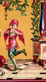 Schloss Bruchsal - Hauptbau / Corps de Logis - Von innen - Beletage - Jagdzimmer - Südliche Wand, rechte Seite - Ausschnitt aus der Tapisserie "Elefantentreiber" aus der "Groteskenserie" (Inv.Nr. G 106; Höhe x Breite 337 cm x 358 cm; hergestellt in der Werkstatt von Philippe Behagle (Vater oder Sohn) in Beauvais zwischen 1685 und 1719; Entwürfe von Jean-Baptiste Monnoyer, Guy-Louis de Vernansal, Jean-Baptiste B(e)lin de Fontenay; restauriert 1960 und nach 2007) (aufgenommen im März 2021, um die Mittagszeit) Schloss Bruchsal - Hauptbau / Corps de Logis - Von innen - Beletage - Jagdzimmer - Südliche Wand, rechte Seite - Ausschnitt aus der Tapisserie "Elefantentreiber" aus der "Groteskenserie" (Inv.Nr. G 106; Höhe x Breite 337 cm x 358 cm; hergestellt in der Werkstatt von Philippe Behagle (Vater oder Sohn) in Beauvais zwischen 1685 und 1719; Entwürfe von Jean-Baptiste Monnoyer, Guy-Louis de Vernansal, Jean-Baptiste B(e)lin de Fontenay; restauriert 1960 und nach 2007) (aufgenommen im März 2021, um die Mittagszeit)