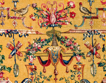 Schloss Bruchsal - Hauptbau / Corps de Logis - Von innen - Beletage - Jagdzimmer - Südliche Wand, rechte Seite - Ausschnitt aus der Tapisserie "Elefantentreiber" aus der "Groteskenserie" (Inv.Nr. G 106; Höhe x Breite 337 cm x 358 cm; hergestellt in der Werkstatt von Philippe Behagle (Vater oder Sohn) in Beauvais zwischen 1685 und 1719; Entwürfe von Jean-Baptiste Monnoyer, Guy-Louis de Vernansal, Jean-Baptiste B(e)lin de Fontenay; restauriert 1960 und nach 2007) (aufgenommen im März 2021, am frühen Nachmittag) Schloss Bruchsal - Hauptbau / Corps de Logis - Von innen - Beletage - Jagdzimmer - Südliche Wand, rechte Seite - Ausschnitt aus der Tapisserie "Elefantentreiber" aus der "Groteskenserie" (Inv.Nr. G 106; Höhe x Breite 337 cm x 358 cm; hergestellt in der Werkstatt von Philippe Behagle (Vater oder Sohn) in Beauvais zwischen 1685 und 1719; Entwürfe von Jean-Baptiste Monnoyer, Guy-Louis de Vernansal, Jean-Baptiste B(e)lin de Fontenay; restauriert 1960 und nach 2007) (aufgenommen im März 2021, am frühen Nachmittag)