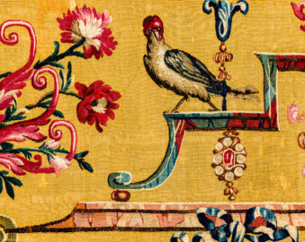 Schloss Bruchsal - Hauptbau / Corps de Logis - Von innen - Beletage - Jagdzimmer - Südliche Wand, rechte Seite - Ausschnitt aus der Tapisserie "Elefantentreiber" aus der "Groteskenserie" (Inv.Nr. G 106; Höhe x Breite 337 cm x 358 cm; hergestellt in der Werkstatt von Philippe Behagle (Vater oder Sohn) in Beauvais zwischen 1685 und 1719; Entwürfe von Jean-Baptiste Monnoyer, Guy-Louis de Vernansal, Jean-Baptiste B(e)lin de Fontenay; restauriert 1960 und nach 2007) (aufgenommen im März 2021, um die Mittagszeit) Schloss Bruchsal - Hauptbau / Corps de Logis - Von innen - Beletage - Jagdzimmer - Südliche Wand, rechte Seite - Ausschnitt aus der Tapisserie "Elefantentreiber" aus der "Groteskenserie" (Inv.Nr. G 106; Höhe x Breite 337 cm x 358 cm; hergestellt in der Werkstatt von Philippe Behagle (Vater oder Sohn) in Beauvais zwischen 1685 und 1719; Entwürfe von Jean-Baptiste Monnoyer, Guy-Louis de Vernansal, Jean-Baptiste B(e)lin de Fontenay; restauriert 1960 und nach 2007) (aufgenommen im März 2021, um die Mittagszeit)