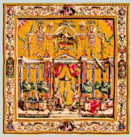 Schloss Bruchsal - Hauptbau / Corps de Logis - Von innen - Beletage - Jagdzimmer - Östliche Wand, Südseite - Tapisserie "Tänzerinnen vor einer Statue des Gottes Pan" aus der "Groteskenserie" (Inv.Nr. G 101; Höhe x Breite: 332,5 cm x 325 cm; hergestellt in der Werkstatt von Philippe Behagle (Vater oder Sohn) in Beauvais zwischen 1685 und 1719; Entwürfe von Jean-Baptiste Monnoyer, Guy-Louis de Vernansal, Jean-Baptiste B(e)lin de Fontenay; restauriert 1960 und nach 2007) (aufgenommen im März 2021, am frühen Nachmittag) Schloss Bruchsal - Hauptbau / Corps de Logis - Von innen - Beletage - Jagdzimmer - Östliche Wand, Südseite - Tapisserie "Tänzerinnen vor einer Statue des Gottes Pan" aus der "Groteskenserie" (Inv.Nr. G 101; Höhe x Breite: 332,5 cm x 325 cm; hergestellt in der Werkstatt von Philippe Behagle (Vater oder Sohn) in Beauvais zwischen 1685 und 1719; Entwürfe von Jean-Baptiste Monnoyer, Guy-Louis de Vernansal, Jean-Baptiste B(e)lin de Fontenay; restauriert 1960 und nach 2007) (aufgenommen im März 2021, am frühen Nachmittag)