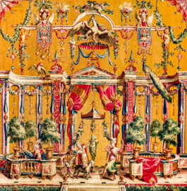 Schloss Bruchsal - Hauptbau / Corps de Logis - Von innen - Beletage - Jagdzimmer - Östliche Wand, Südseite - Ausschnitt (ohne Bordüre) aus der Tapisserie "Tänzerinnen vor einer Statue des Gottes Pan" aus der "Groteskenserie" (Inv.Nr. G 101; Höhe x Breite: 332,5 cm x 325 cm; hergestellt in der Werkstatt von Philippe Behagle (Vater oder Sohn) in Beauvais zwischen 1685 und 1719; Entwürfe von Jean-Baptiste Monnoyer, Guy-Louis de Vernansal, Jean-Baptiste B(e)lin de Fontenay; restauriert 1960 und nach 2007) (aufgenommen im März 2021, am frühen Nachmittag) Schloss Bruchsal - Hauptbau / Corps de Logis - Von innen - Beletage - Jagdzimmer - Östliche Wand, Südseite - Ausschnitt (ohne Bordüre) aus der Tapisserie "Tänzerinnen vor einer Statue des Gottes Pan" aus der "Groteskenserie" (Inv.Nr. G 101; Höhe x Breite: 332,5 cm x 325 cm; hergestellt in der Werkstatt von Philippe Behagle (Vater oder Sohn) in Beauvais zwischen 1685 und 1719; Entwürfe von Jean-Baptiste Monnoyer, Guy-Louis de Vernansal, Jean-Baptiste B(e)lin de Fontenay; restauriert 1960 und nach 2007) (aufgenommen im März 2021, am frühen Nachmittag)