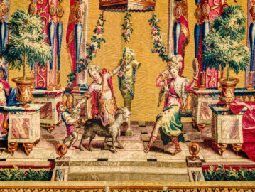 Schloss Bruchsal - Hauptbau / Corps de Logis - Von innen - Beletage - Jagdzimmer - Östliche Wand, Südseite - Ausschnitt aus der Tapisserie "Tänzerinnen vor einer Statue des Gottes Pan" aus der "Groteskenserie" (Inv.Nr. G 101; Höhe x Breite: 332,5 cm x 325 cm; hergestellt in der Werkstatt von Philippe Behagle (Vater oder Sohn) in Beauvais zwischen 1685 und 1719; Entwürfe von Jean-Baptiste Monnoyer, Guy-Louis de Vernansal, Jean-Baptiste B(e)lin de Fontenay; restauriert 1960 und nach 2007) (aufgenommen im März 2021, am Nachmittag) Schloss Bruchsal - Hauptbau / Corps de Logis - Von innen - Beletage - Jagdzimmer - Östliche Wand, Südseite - Ausschnitt aus der Tapisserie "Tänzerinnen vor einer Statue des Gottes Pan" aus der "Groteskenserie" (Inv.Nr. G 101; Höhe x Breite: 332,5 cm x 325 cm; hergestellt in der Werkstatt von Philippe Behagle (Vater oder Sohn) in Beauvais zwischen 1685 und 1719; Entwürfe von Jean-Baptiste Monnoyer, Guy-Louis de Vernansal, Jean-Baptiste B(e)lin de Fontenay; restauriert 1960 und nach 2007) (aufgenommen im März 2021, am Nachmittag)