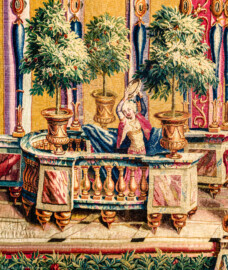 Schloss Bruchsal - Hauptbau / Corps de Logis - Von innen - Beletage - Jagdzimmer - Östliche Wand, Südseite - Ausschnitt aus der Tapisserie "Tänzerinnen vor einer Statue des Gottes Pan" aus der "Groteskenserie" (Inv.Nr. G 101; Höhe x Breite: 332,5 cm x 325 cm; hergestellt in der Werkstatt von Philippe Behagle (Vater oder Sohn) in Beauvais zwischen 1685 und 1719; Entwürfe von Jean-Baptiste Monnoyer, Guy-Louis de Vernansal, Jean-Baptiste B(e)lin de Fontenay; restauriert 1960 und nach 2007) (aufgenommen im März 2021, am Nachmittag) Schloss Bruchsal - Hauptbau / Corps de Logis - Von innen - Beletage - Jagdzimmer - Östliche Wand, Südseite - Ausschnitt aus der Tapisserie "Tänzerinnen vor einer Statue des Gottes Pan" aus der "Groteskenserie" (Inv.Nr. G 101; Höhe x Breite: 332,5 cm x 325 cm; hergestellt in der Werkstatt von Philippe Behagle (Vater oder Sohn) in Beauvais zwischen 1685 und 1719; Entwürfe von Jean-Baptiste Monnoyer, Guy-Louis de Vernansal, Jean-Baptiste B(e)lin de Fontenay; restauriert 1960 und nach 2007) (aufgenommen im März 2021, am Nachmittag)