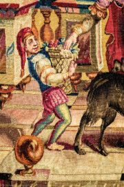 Schloss Bruchsal - Hauptbau / Corps de Logis - Von innen - Beletage - Jagdzimmer - Östliche Wand, Südseite - Ausschnitt aus der Tapisserie "Tänzerinnen vor einer Statue des Gottes Pan" aus der "Groteskenserie" (Inv.Nr. G 101; Höhe x Breite: 332,5 cm x 325 cm; hergestellt in der Werkstatt von Philippe Behagle (Vater oder Sohn) in Beauvais zwischen 1685 und 1719; Entwürfe von Jean-Baptiste Monnoyer, Guy-Louis de Vernansal, Jean-Baptiste B(e)lin de Fontenay; restauriert 1960 und nach 2007) (aufgenommen im März 2021, am Nachmittag) Schloss Bruchsal - Hauptbau / Corps de Logis - Von innen - Beletage - Jagdzimmer - Östliche Wand, Südseite - Ausschnitt aus der Tapisserie "Tänzerinnen vor einer Statue des Gottes Pan" aus der "Groteskenserie" (Inv.Nr. G 101; Höhe x Breite: 332,5 cm x 325 cm; hergestellt in der Werkstatt von Philippe Behagle (Vater oder Sohn) in Beauvais zwischen 1685 und 1719; Entwürfe von Jean-Baptiste Monnoyer, Guy-Louis de Vernansal, Jean-Baptiste B(e)lin de Fontenay; restauriert 1960 und nach 2007) (aufgenommen im März 2021, am Nachmittag)