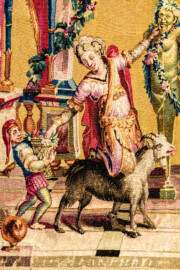 Schloss Bruchsal - Hauptbau / Corps de Logis - Von innen - Beletage - Jagdzimmer - Östliche Wand, Südseite - Ausschnitt aus der Tapisserie "Tänzerinnen vor einer Statue des Gottes Pan" aus der "Groteskenserie" (Inv.Nr. G 101; Höhe x Breite: 332,5 cm x 325 cm; hergestellt in der Werkstatt von Philippe Behagle (Vater oder Sohn) in Beauvais zwischen 1685 und 1719; Entwürfe von Jean-Baptiste Monnoyer, Guy-Louis de Vernansal, Jean-Baptiste B(e)lin de Fontenay; restauriert 1960 und nach 2007) (aufgenommen im März 2021, am Nachmittag) Schloss Bruchsal - Hauptbau / Corps de Logis - Von innen - Beletage - Jagdzimmer - Östliche Wand, Südseite - Ausschnitt aus der Tapisserie "Tänzerinnen vor einer Statue des Gottes Pan" aus der "Groteskenserie" (Inv.Nr. G 101; Höhe x Breite: 332,5 cm x 325 cm; hergestellt in der Werkstatt von Philippe Behagle (Vater oder Sohn) in Beauvais zwischen 1685 und 1719; Entwürfe von Jean-Baptiste Monnoyer, Guy-Louis de Vernansal, Jean-Baptiste B(e)lin de Fontenay; restauriert 1960 und nach 2007) (aufgenommen im März 2021, am Nachmittag)