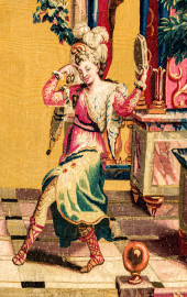 Schloss Bruchsal - Hauptbau / Corps de Logis - Von innen - Beletage - Jagdzimmer - Östliche Wand, Südseite - Ausschnitt aus der Tapisserie "Tänzerinnen vor einer Statue des Gottes Pan" aus der "Groteskenserie" (Inv.Nr. G 101; Höhe x Breite: 332,5 cm x 325 cm; hergestellt in der Werkstatt von Philippe Behagle (Vater oder Sohn) in Beauvais zwischen 1685 und 1719; Entwürfe von Jean-Baptiste Monnoyer, Guy-Louis de Vernansal, Jean-Baptiste B(e)lin de Fontenay; restauriert 1960 und nach 2007) (aufgenommen im März 2021, am Nachmittag) Schloss Bruchsal - Hauptbau / Corps de Logis - Von innen - Beletage - Jagdzimmer - Östliche Wand, Südseite - Ausschnitt aus der Tapisserie "Tänzerinnen vor einer Statue des Gottes Pan" aus der "Groteskenserie" (Inv.Nr. G 101; Höhe x Breite: 332,5 cm x 325 cm; hergestellt in der Werkstatt von Philippe Behagle (Vater oder Sohn) in Beauvais zwischen 1685 und 1719; Entwürfe von Jean-Baptiste Monnoyer, Guy-Louis de Vernansal, Jean-Baptiste B(e)lin de Fontenay; restauriert 1960 und nach 2007) (aufgenommen im März 2021, am Nachmittag)