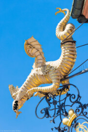 Schloss Bruchsal - Hauptbau / Corps de Logis - Von Außen - Von Norden - Blick vom Balkon der Ehrenhofseite zum südlichen Basilisk / Drachen als Zierwasserspeier (aufgenommen im Mai 2021, am späten Vormittag) Schloss Bruchsal - Hauptbau / Corps de Logis - Von Außen - Von Norden - Blick vom Balkon der Ehrenhofseite zum südlichen Basilisk / Drachen als Zierwasserspeier (aufgenommen im Mai 2021, am späten Vormittag)