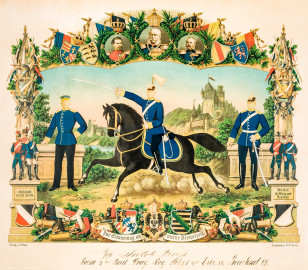 Städtisches Museum Bruchsal - Schloss Bruchsal - Hauptbau / Corps de Logis - Nördlicher Raum, Bereich Gelbe Dragoner - Erinnerungsblatt des Gefreiten Jakob Frieß (Frieß diente in den Jahren 1886 bis 1889 beim 21. Dragoner-Regiment in Bruchsal; Widmung: "Zur Erinnerung an meine Dienstzeit / Gefr. Jakob Frieß / beim 2ten Bad. Drag. Reg. No. 21. 4te Eskr. 86, Bruchsal 89.") (aufgenommen im August 2021, um die Mittagszeit) Städtisches Museum Bruchsal - Schloss Bruchsal - Hauptbau / Corps de Logis - Nördlicher Raum, Bereich Gelbe Dragoner - Erinnerungsblatt des Gefreiten Jakob Frieß (Frieß diente in den Jahren 1886 bis 1889 beim 21. Dragoner-Regiment in Bruchsal; Widmung: "Zur Erinnerung an meine Dienstzeit / Gefr. Jakob Frieß / beim 2ten Bad. Drag. Reg. No. 21. 4te Eskr. 86, Bruchsal 89.") (aufgenommen im August 2021, um die Mittagszeit)