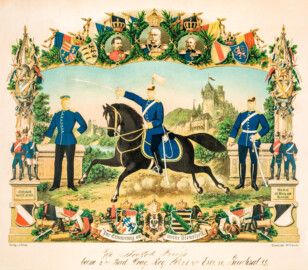 Städtisches Museum Bruchsal - Schloss Bruchsal - Hauptbau / Corps de Logis - Nördlicher Raum, Bereich Gelbe Dragoner - Erinnerungsblatt des Gefreiten Jakob Frieß (Frieß diente in den Jahren 1886 bis 1889 beim 21. Dragoner-Regiment in Bruchsal; Widmung: "Zur Erinnerung an meine Dienstzeit / Gefr. Jakob Frieß / beim 2ten Bad. Drag. Reg. No. 21. 4te Eskr. 86, Bruchsal 89.") (aufgenommen im August 2021, um die Mittagszeit)
