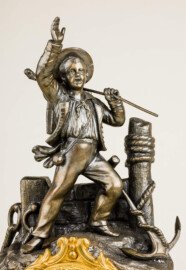 Städtisches Museum Bruchsal - Schloss Bruchsal - Hauptbau / Corps de Logis - Uhrensammlung - Skulptur der Bronze Bronze-Uhr, aus dem Nachlass "Emil Diemer"; Geschenk von Sophie Wilhelmine von Schleswig-Holstein-Gottorf (Großherzogin von Baden, Enkelin von Amalie von Hessen-Darmstadt) an Fräulein Diemer im Jahr 1854; Weitergabe der Uhr im Jahr 1962 an das Stadtmuseum durch Emil Diemer (Oberpostinspektor)  (Höhe: 42 cm, Breite: 28 cm; Inv.Nr. 62.97) (aufgenommen im August 2021, am frühen Nachmittag)